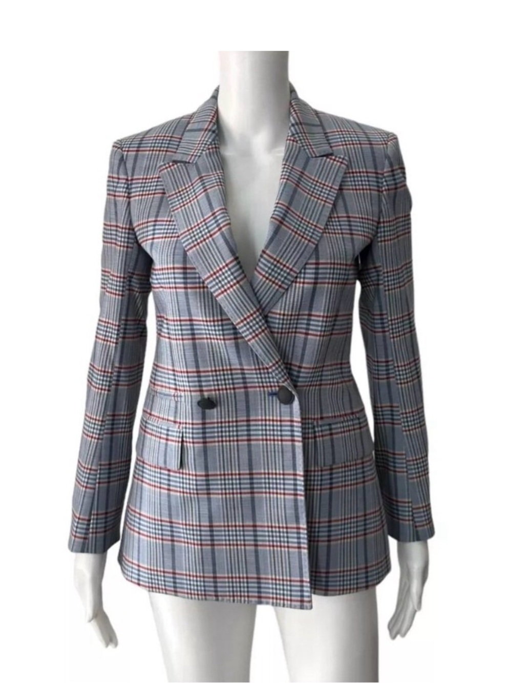 rag & bone Elsie Gray Plaid Double-Breasted Blazer with Red Accents
